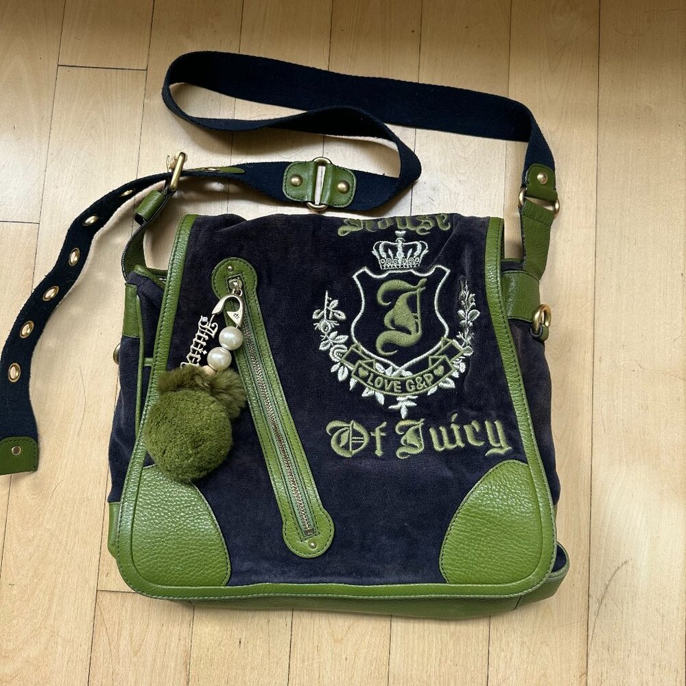 RARE 2000s Y2K Juicy Couture Green and Navy Messenger Crossbody Bag
